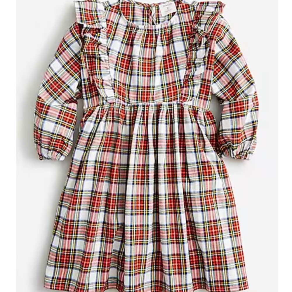 J. Crew Crewcuts Girls' long-sleeve ruffle-shoulder dress Snowy Stewart tartan